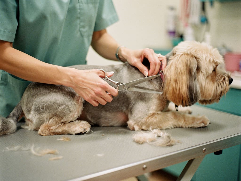 Rifinitura del pelo di un cane con forbici su tavolo da toelettatura